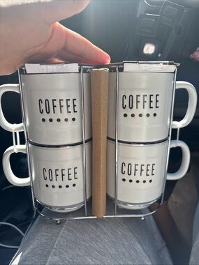 Coffee Stackable Mugs Set in White with Metal Rack